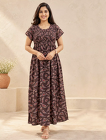 Alpine Paisley Print Smocking Nightgown with Round Neck- Mangai Nighties