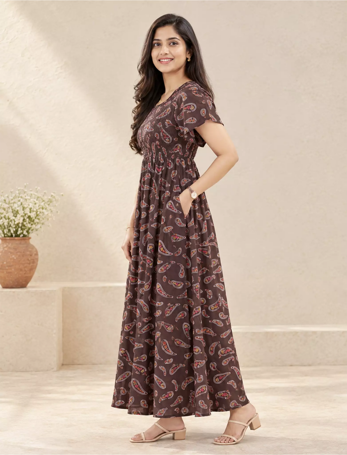 Alpine Paisley Print Smocking Nightgown with Round Neck- Mangai Nighties