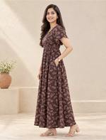 Alpine Paisley Print Smocking Nightgown with Round Neck- Mangai Nighties