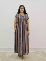 Alpine Stripe Printed Smocking Nighty with Pleats - Mangai Nighties