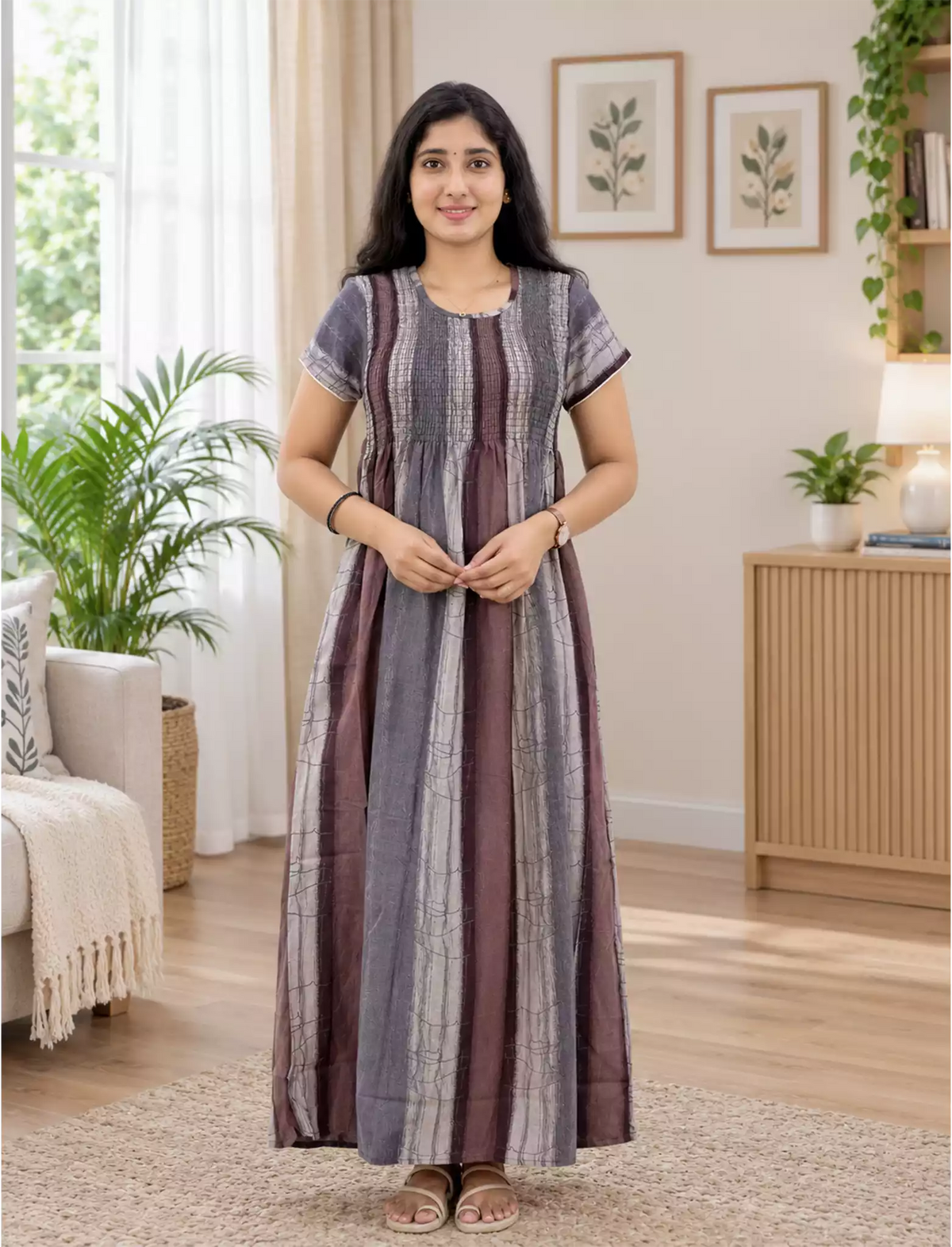 Alpine Stripe Printed Smocking Nighty with Pleats - Mangai Nighties