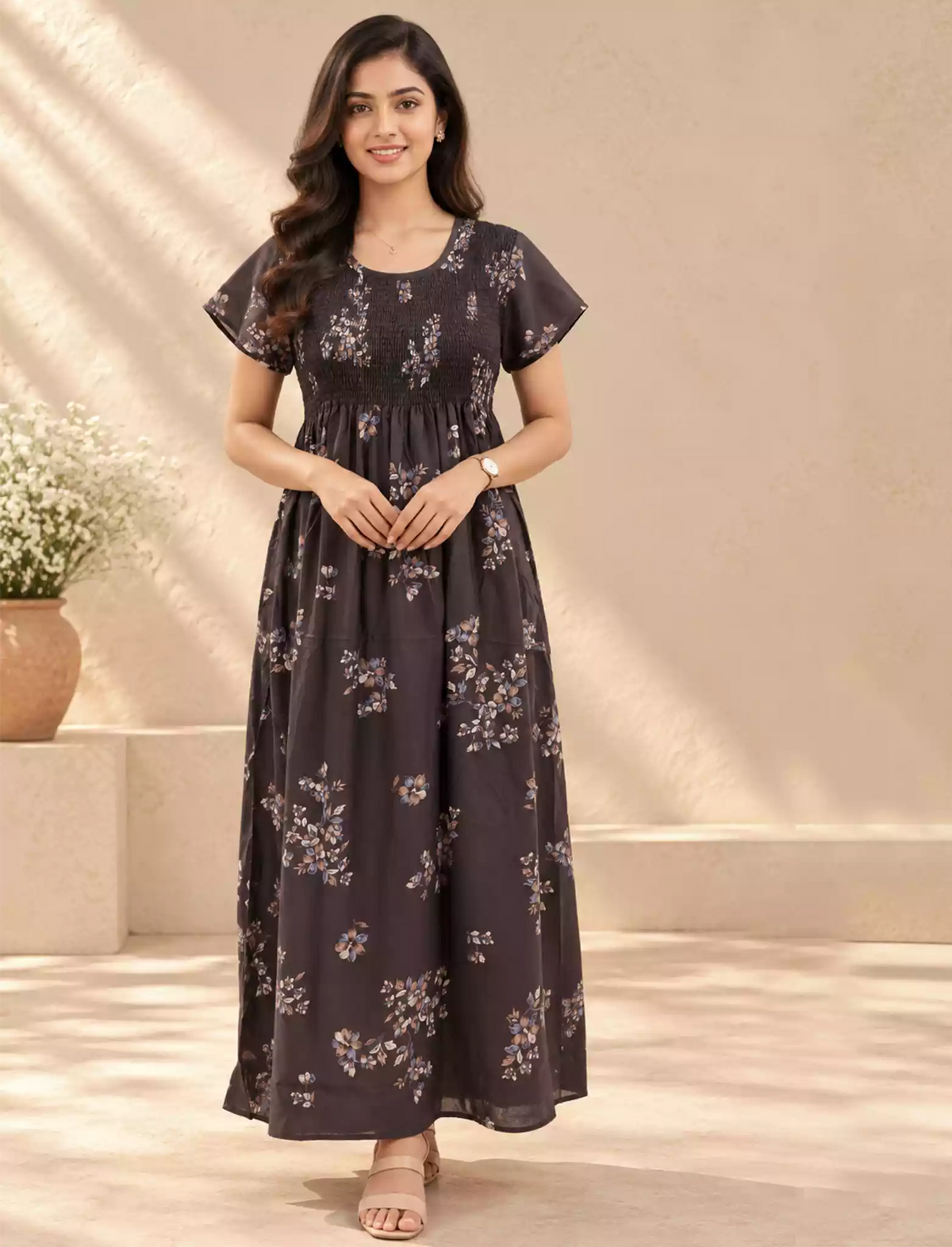 Alpine Floral Stretchable Smocking Nighty for Women – Mangai Nighties