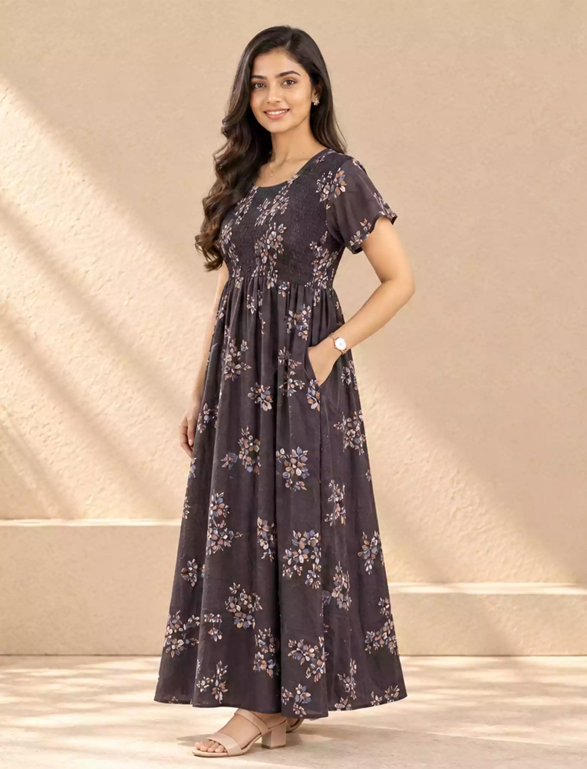 Alpine Floral Stretchable Smocking Nighty for Women – Mangai Nighties