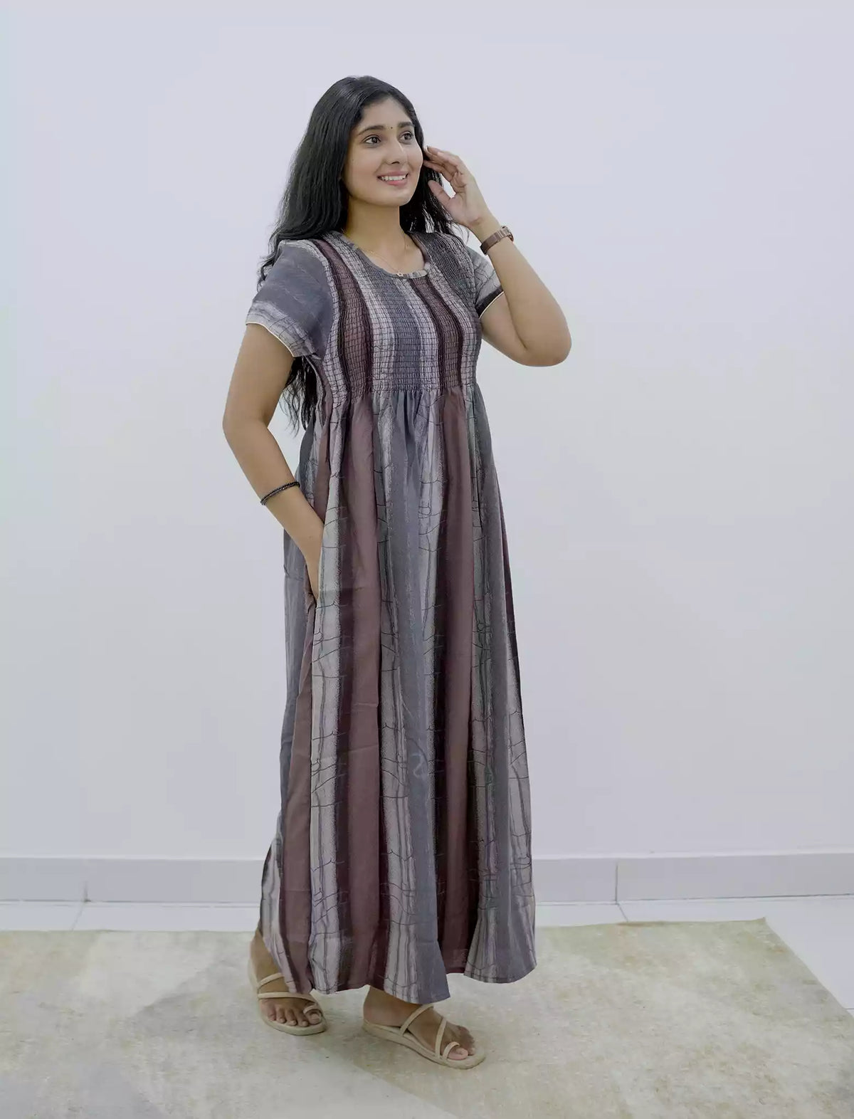 Alpine Stripe Printed Smocking Nighty with Pleats - Mangai Nighties
