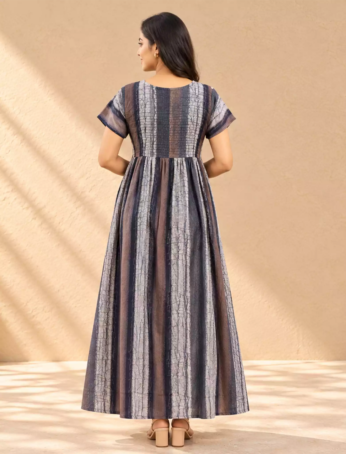 Alpine Stripe Printed Smocking Nighty with Pleats - Mangai Nighties