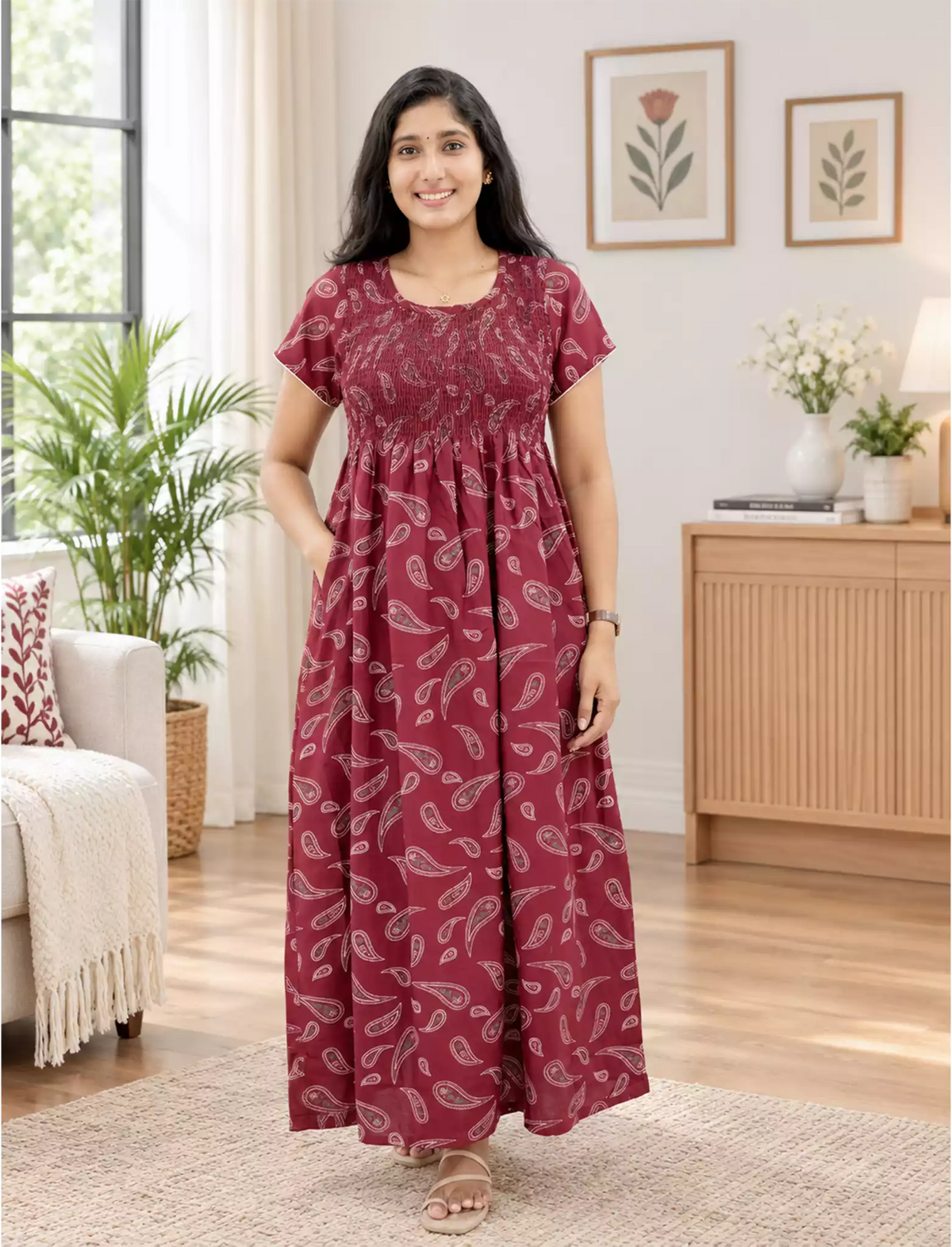 Alpine Paisley Print Smocking Nightgown with Round Neck- Mangai Nighties