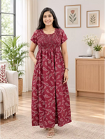 Alpine Paisley Print Smocking Nightgown with Round Neck- Mangai Nighties