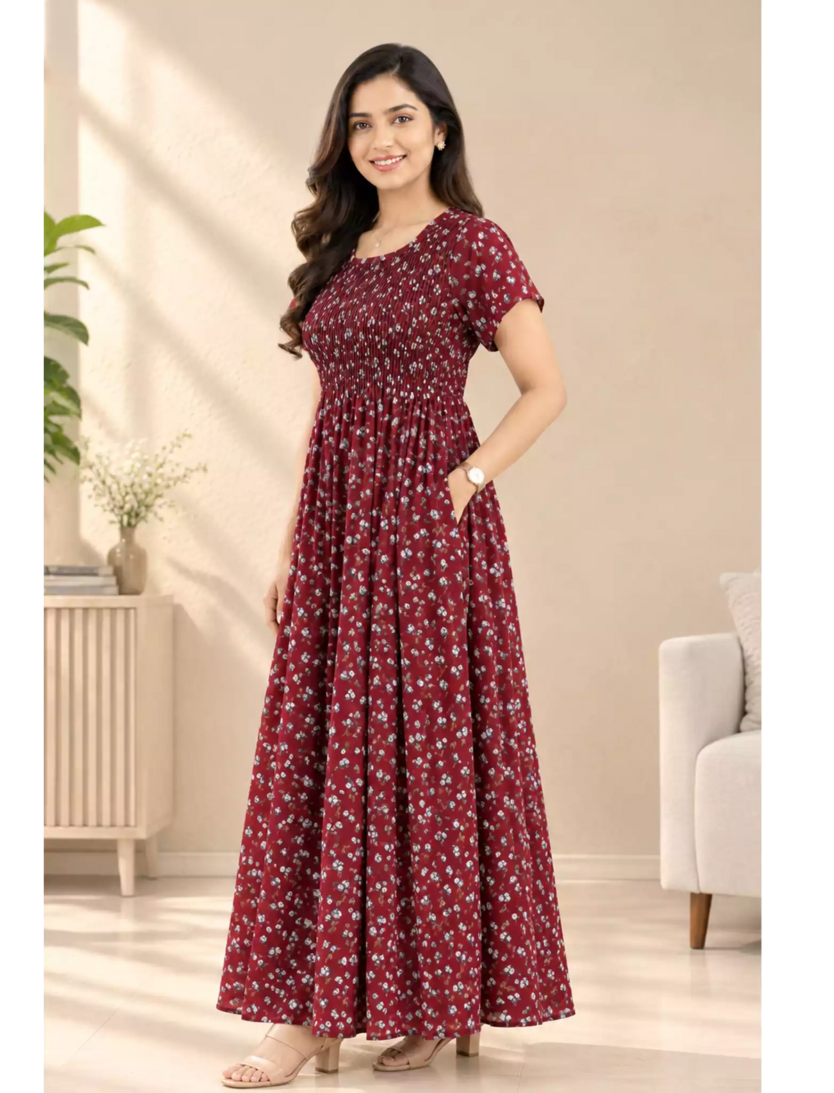 Alpine Floral Printed Smocking Nighty with Pocket – Mangai Nighties
