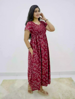 Alpine Paisley Print Smocking Nightgown with Round Neck- Mangai Nighties
