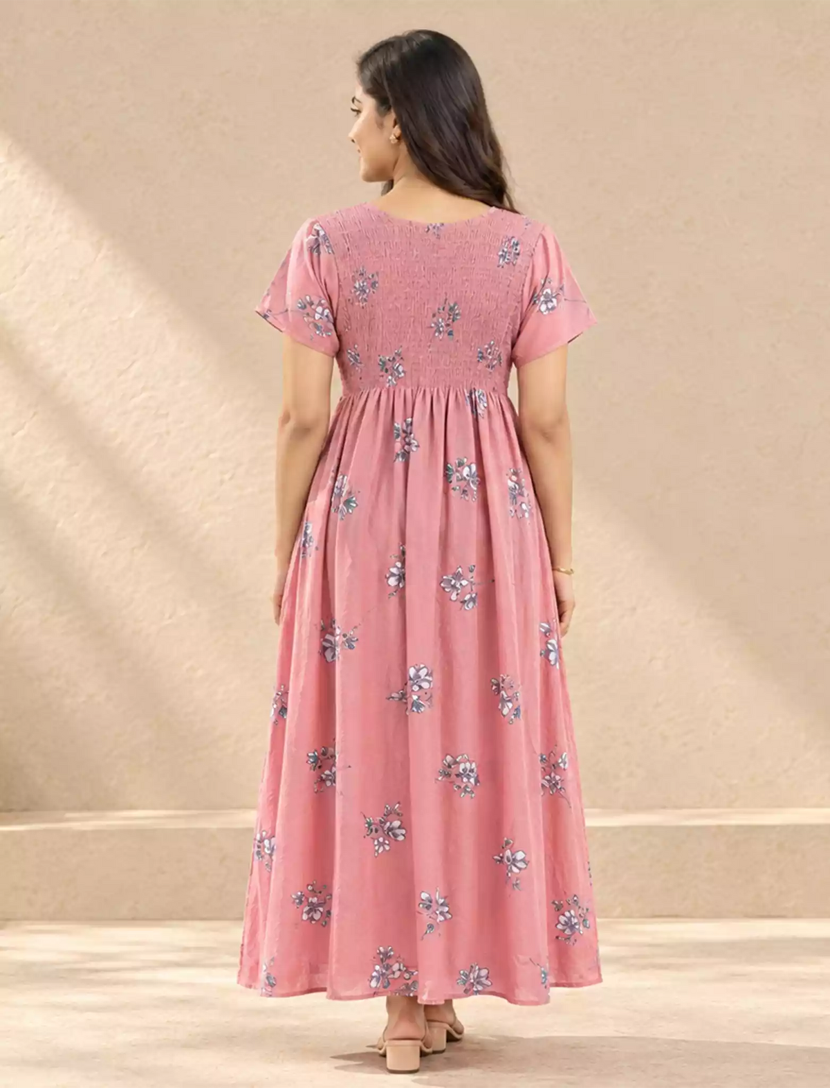 Alpine Floral Pleated Stretchable Smocking Nightgown - Mangai Nighties