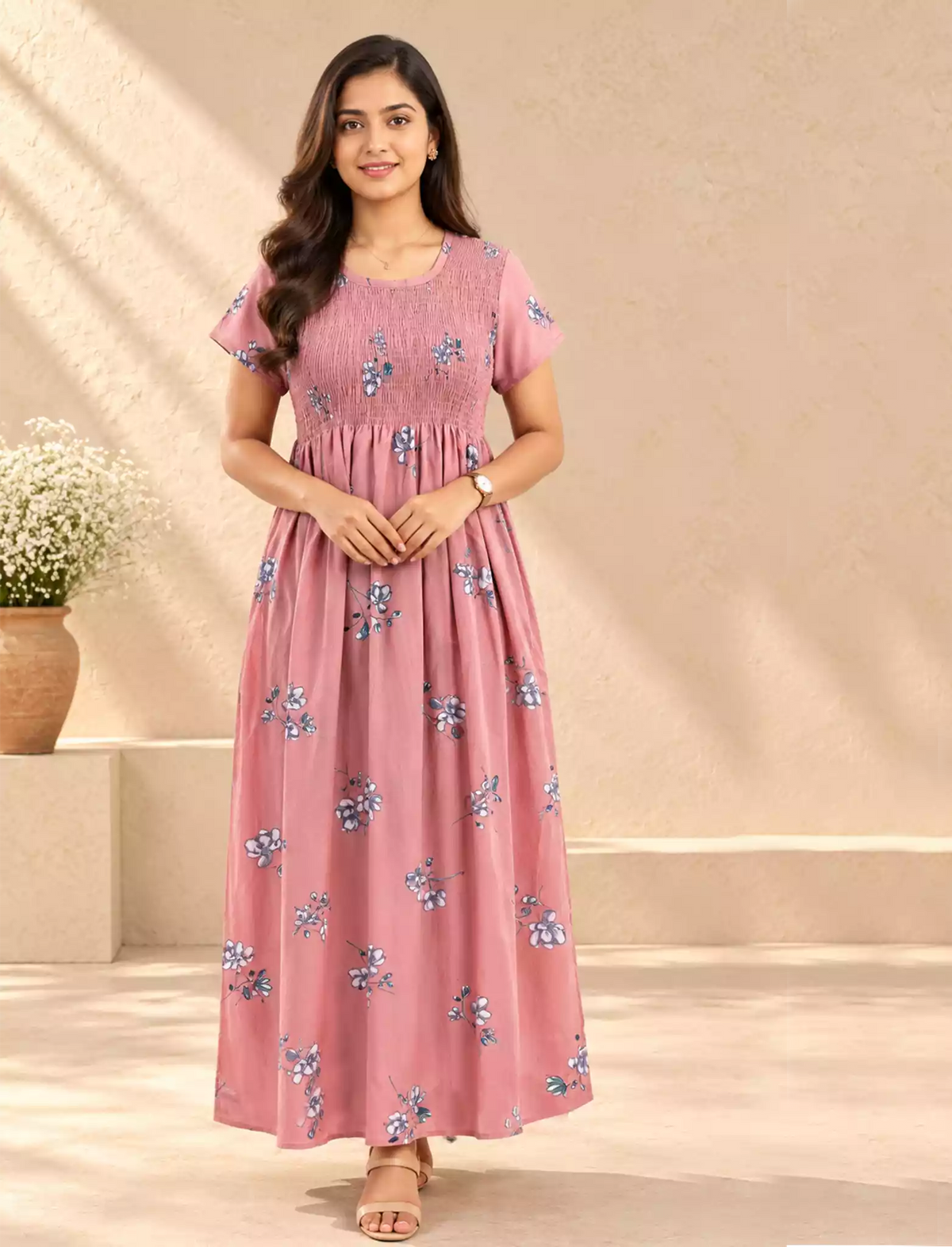 Alpine Floral Pleated Stretchable Smocking Nightgown - Mangai Nighties
