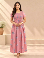 Alpine Floral Pleated Stretchable Smocking Nightgown - Mangai Nighties
