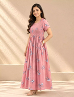 Alpine Floral Pleated Stretchable Smocking Nightgown - Mangai Nighties