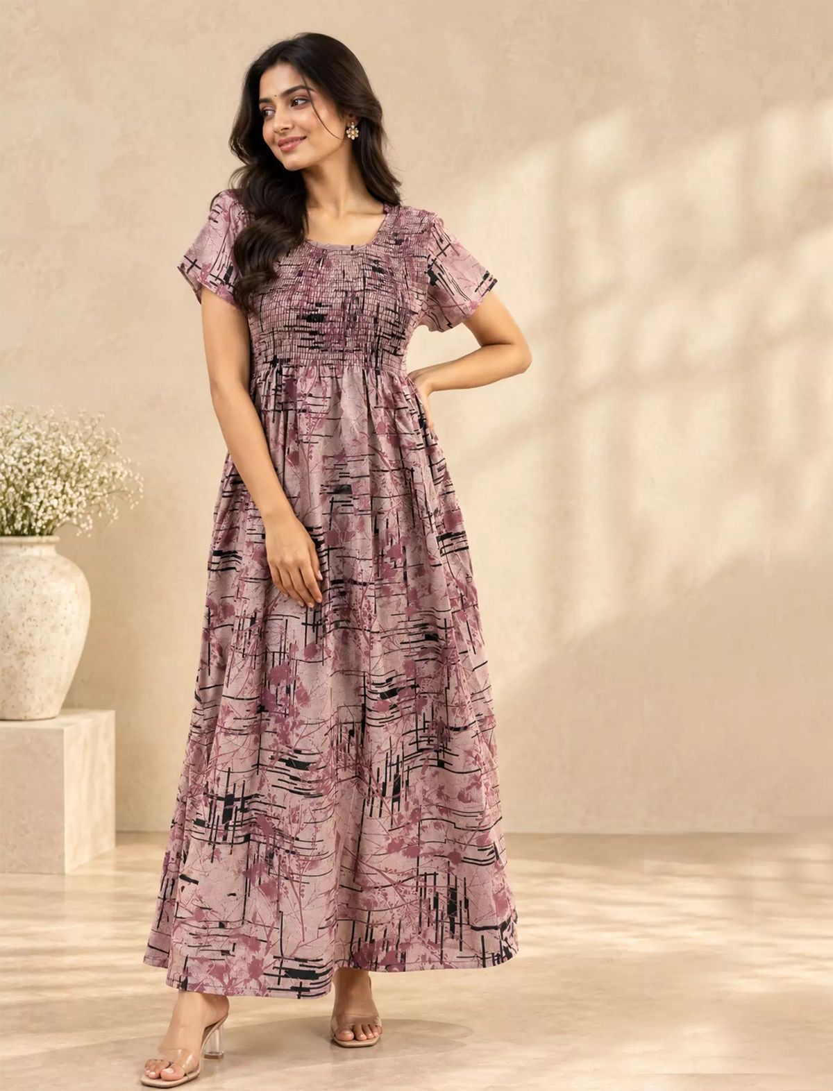 Alpine Abstract Print Smocking Nighty for Women– Mangai Nighties