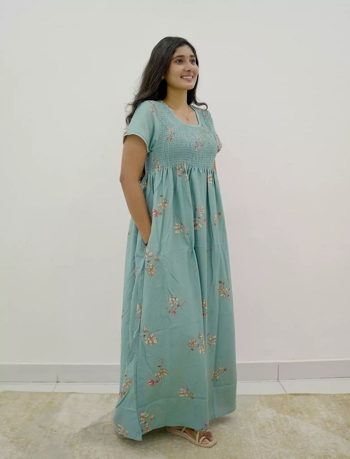 Alpine Floral Pleated Stretchable Smocking Nightgown - Mangai Nighties