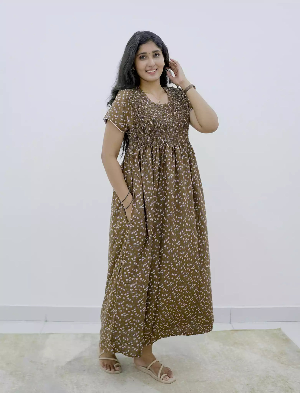 Alpine Floral Printed Smocking Nighty with Pocket – Mangai Nighties