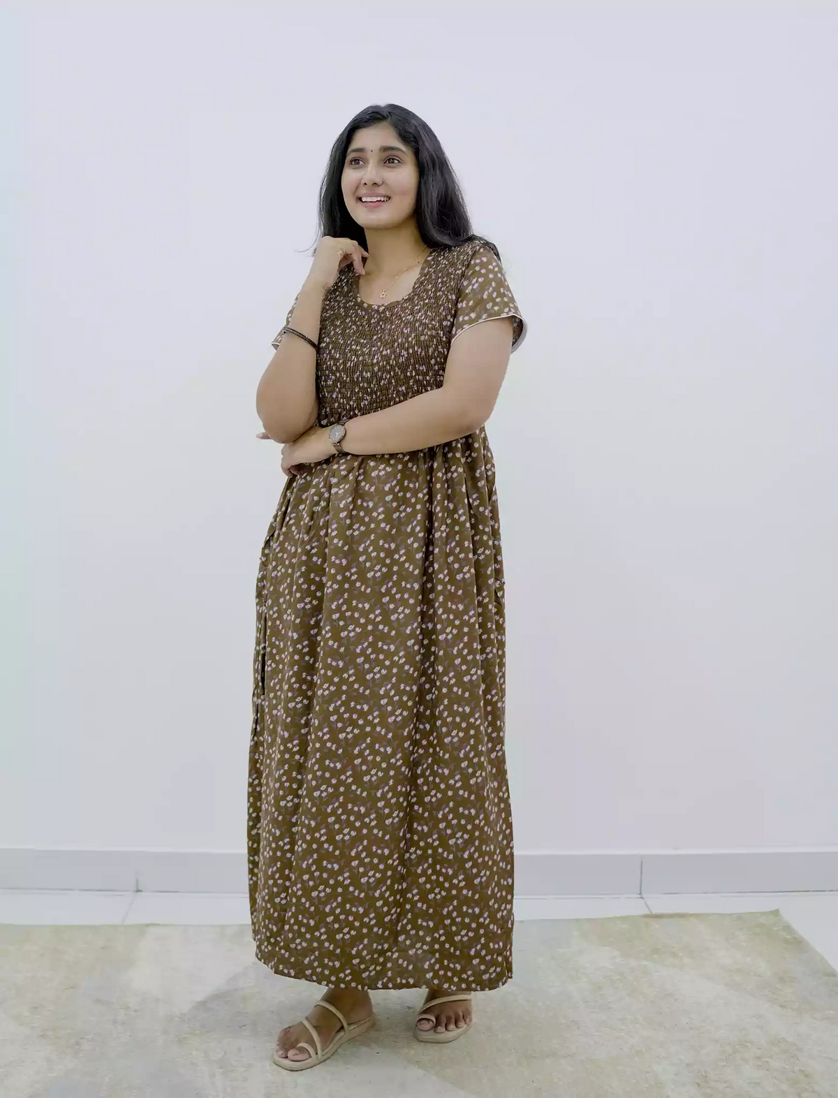 Alpine Floral Printed Smocking Nighty with Pocket – Mangai Nighties