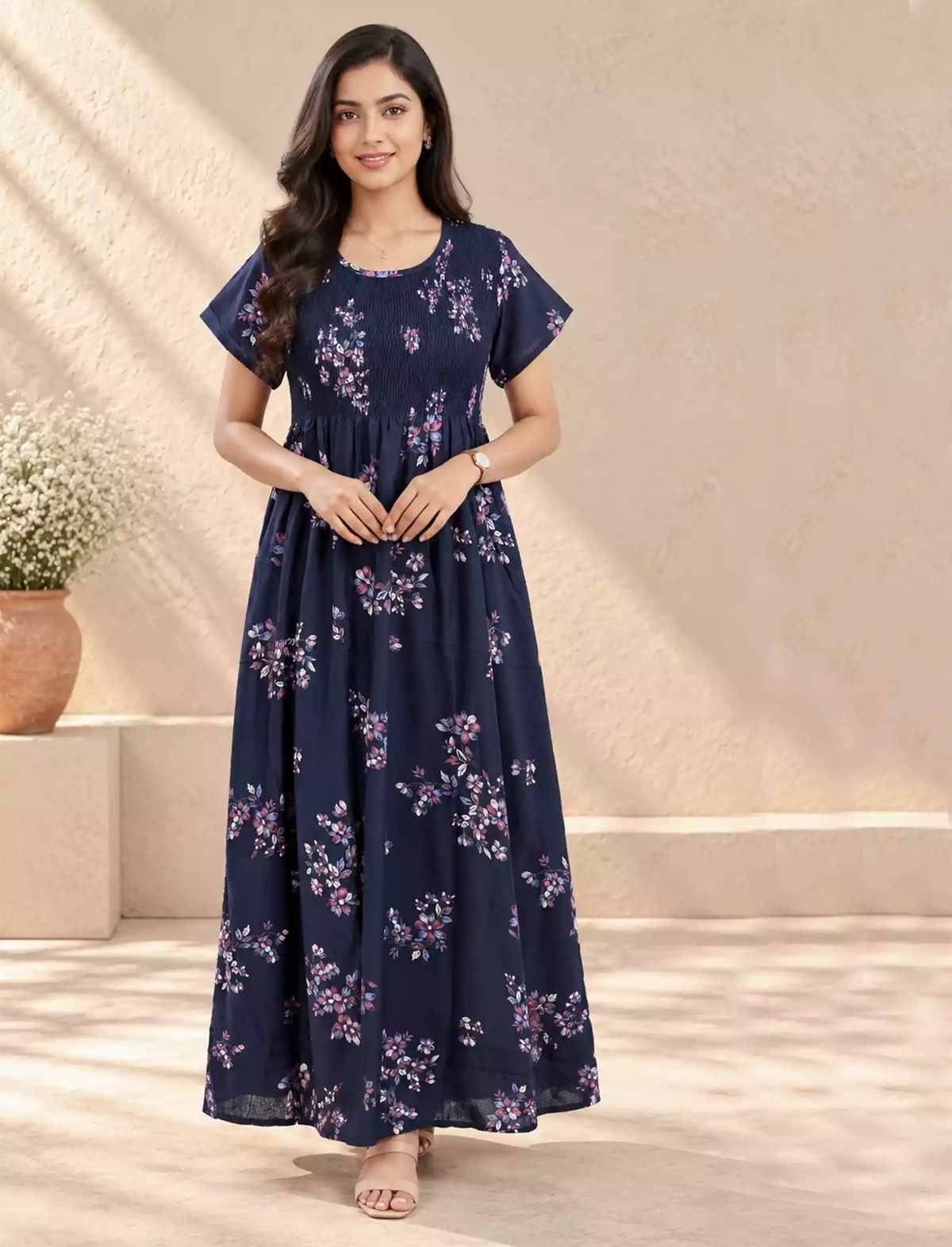 Alpine Floral Stretchable Smocking Nighty for Women – Mangai Nighties