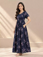 Alpine Floral Stretchable Smocking Nighty for Women – Mangai Nighties
