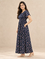 Alpine Paisley Print Smocking Nightgown with Round Neck- Mangai Nighties