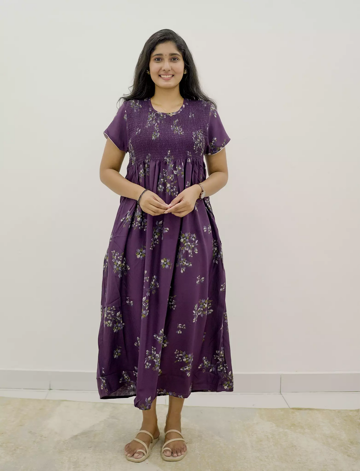 Alpine Floral Stretchable Smocking Nighty for Women – Mangai Nighties