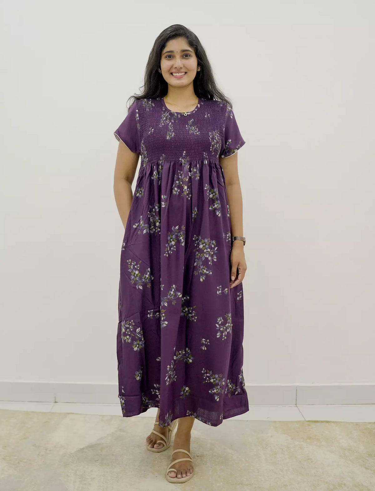 Alpine Floral Stretchable Smocking Nighty for Women – Mangai Nighties