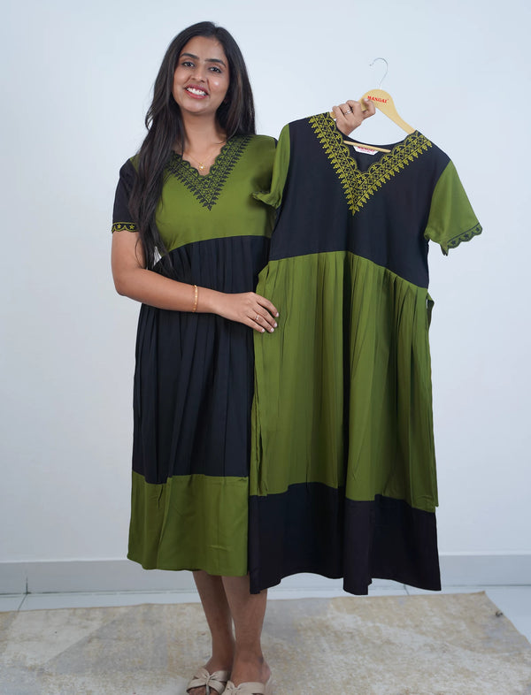 Black Rayon Embroidery Maxi Dress - Mangai Nighties