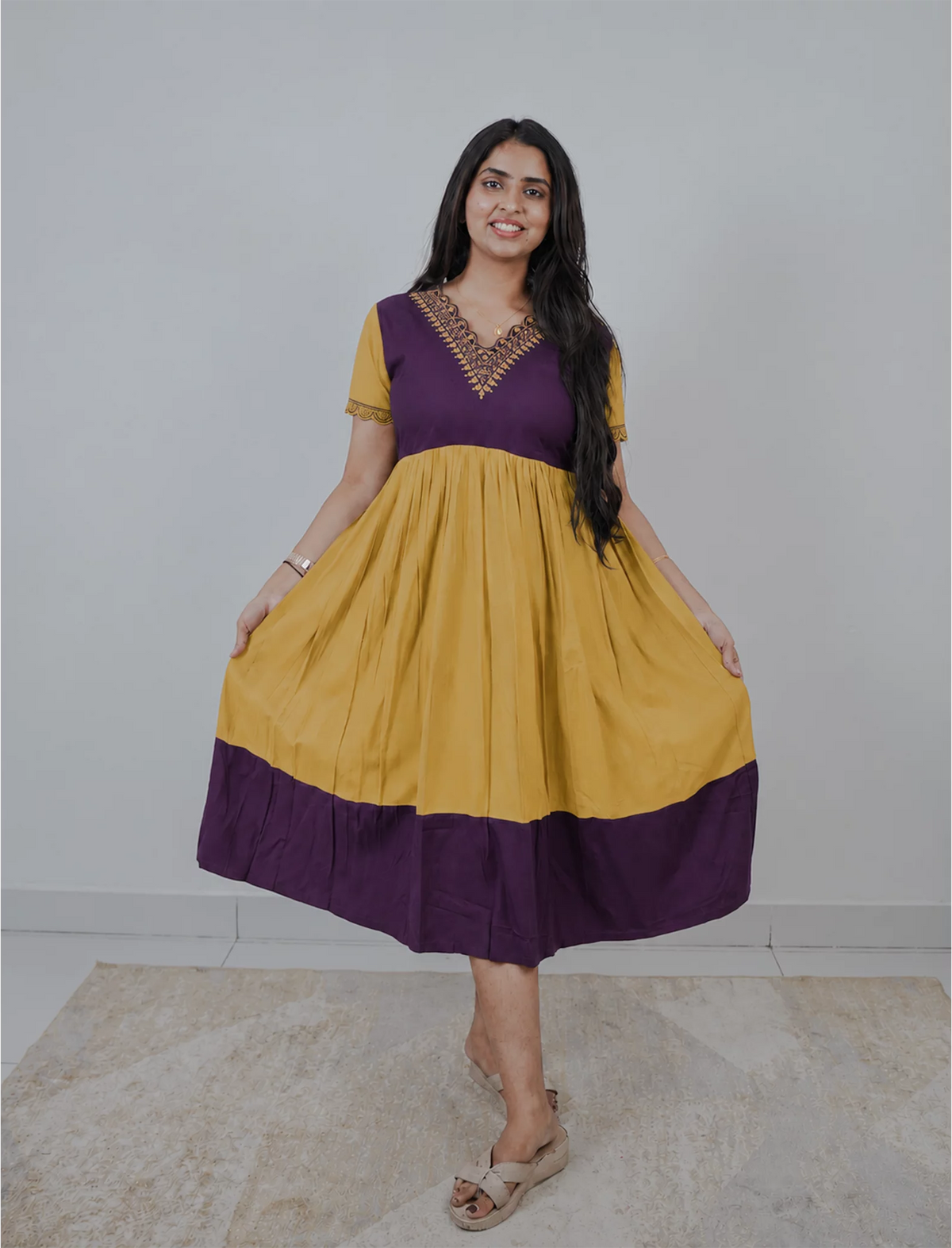 Plain Rayon Mix & Match Embroidery Maxi with Back Tie | Mangai Nighties