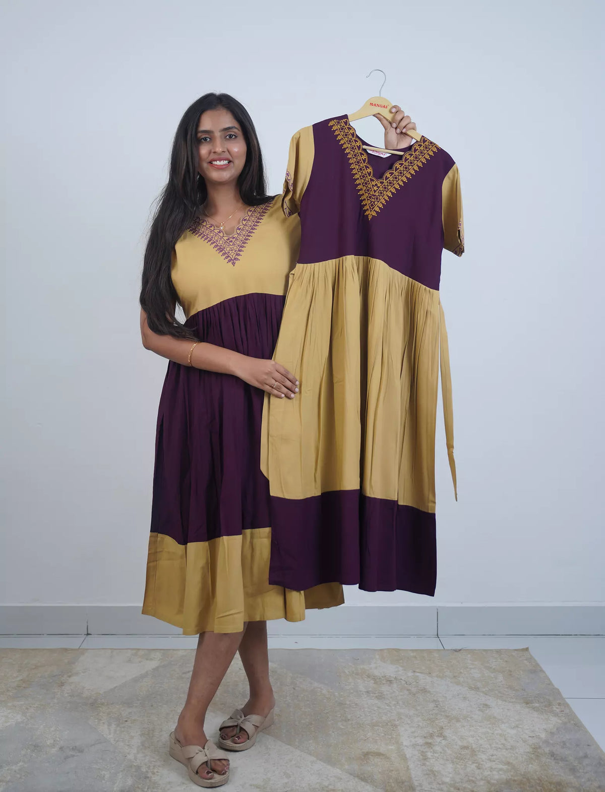 Plain Rayon Mix & Match Embroidery Maxi with Back Tie | Mangai Nighties