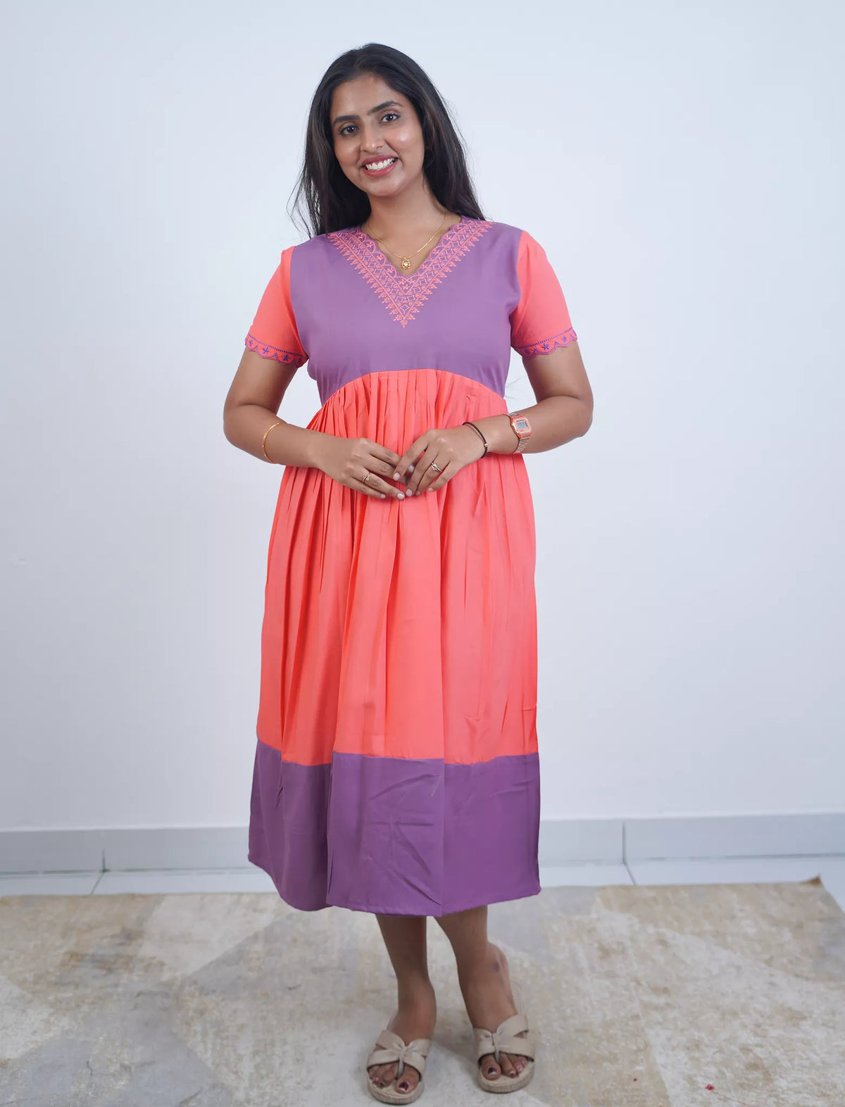 Plain Embroidered V-Neck Rayon Maxi Nighty With Back Tie - Mangai Nighties