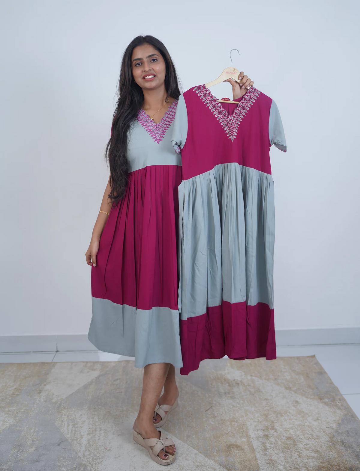 Rayon Mix & Match Embroidery Maxi | V-Neck | Mangai Nighties
