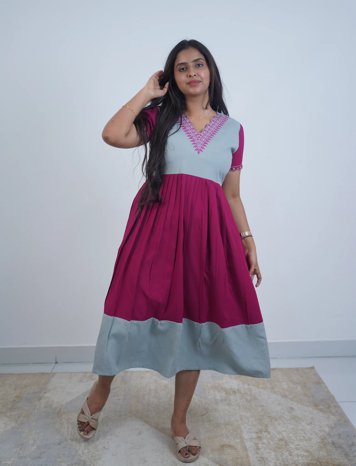 Rayon Mix & Match Embroidery Maxi | V-Neck | Mangai Nighties