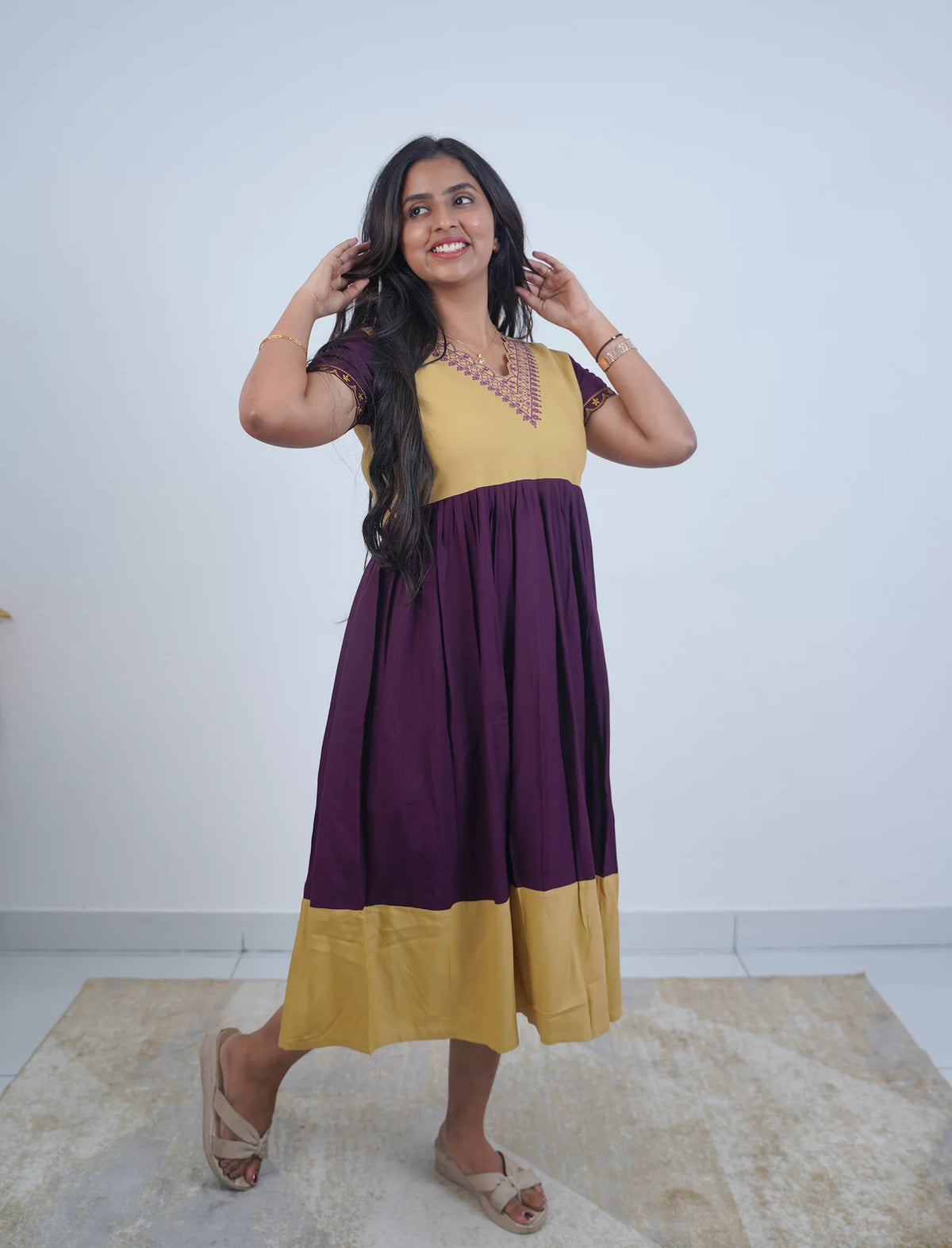 Plain Rayon Mix & Match Embroidery Maxi with Back Tie | Mangai Nighties
