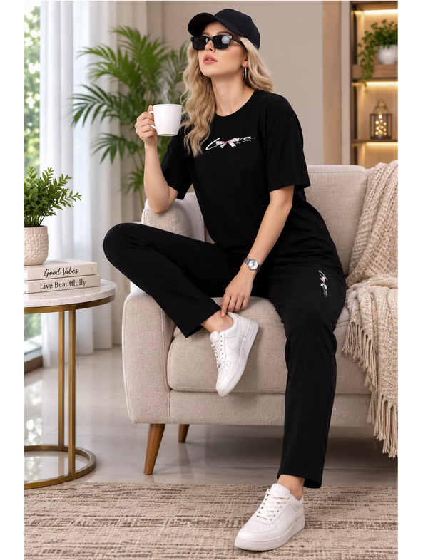 Black Tencel Casual Lounge Set for Women