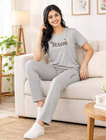 Mist Grey Tencel Printed Casual Night Suit - Mangai Nighties