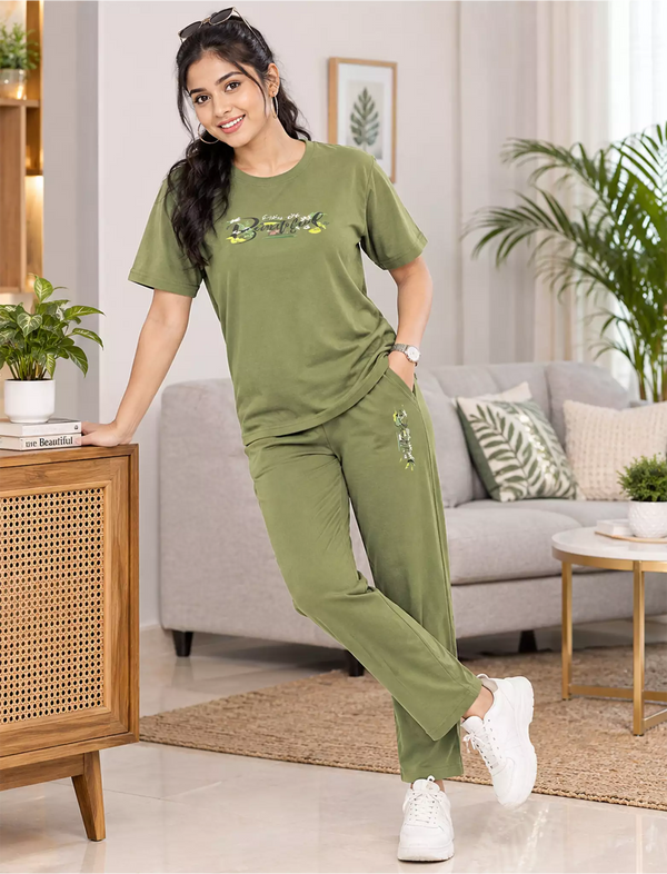 Olive Green Tencel Casual Night Suit - Mangai Nighties