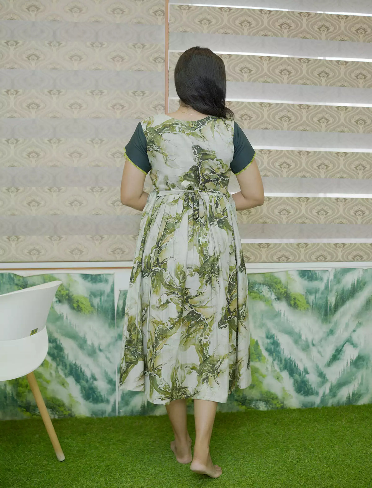 Abstract Botanical Foliage Print Festive Wear Vatican Maxi Frock - Mangai Nighties