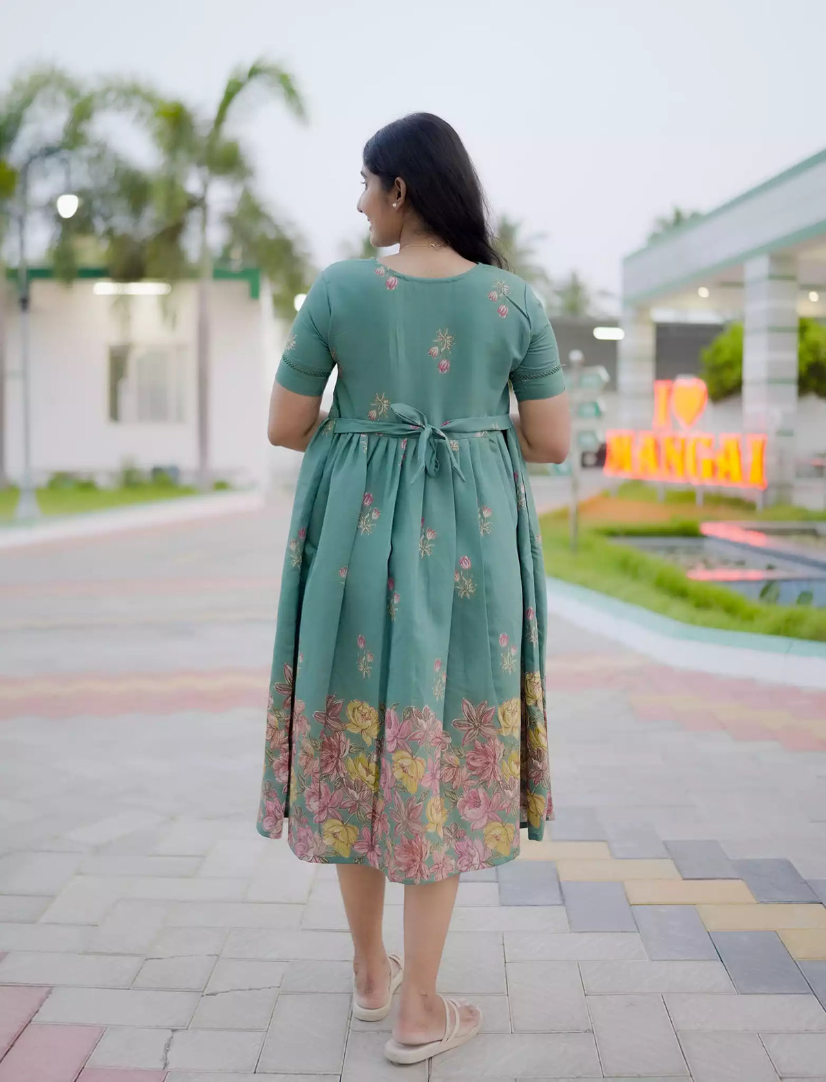 Floral Garden Border Print Petal Sleeve Vatican Maxi Frock- Mangai Nighties