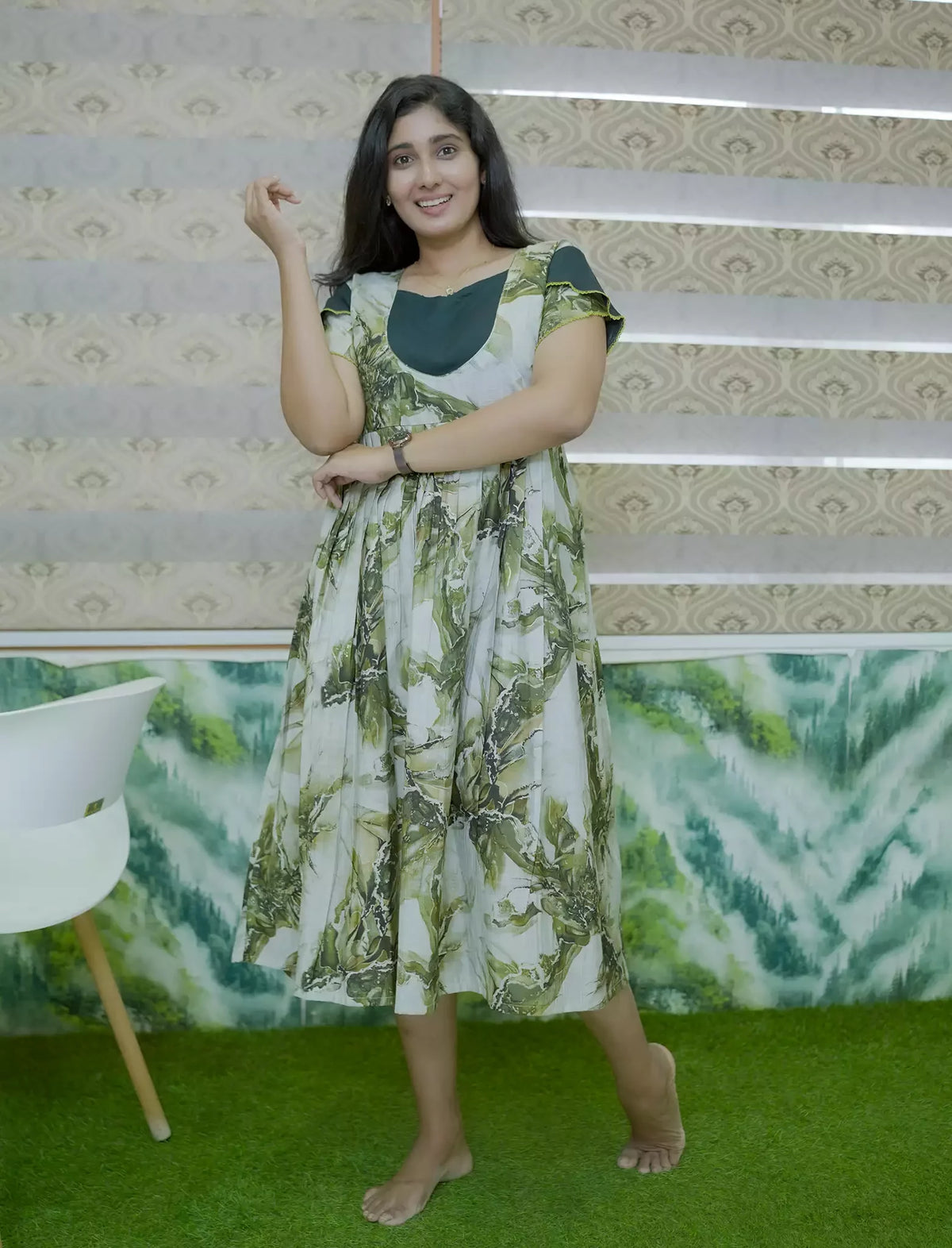 Abstract Botanical Foliage Print Festive Wear Vatican Maxi Frock - Mangai Nighties