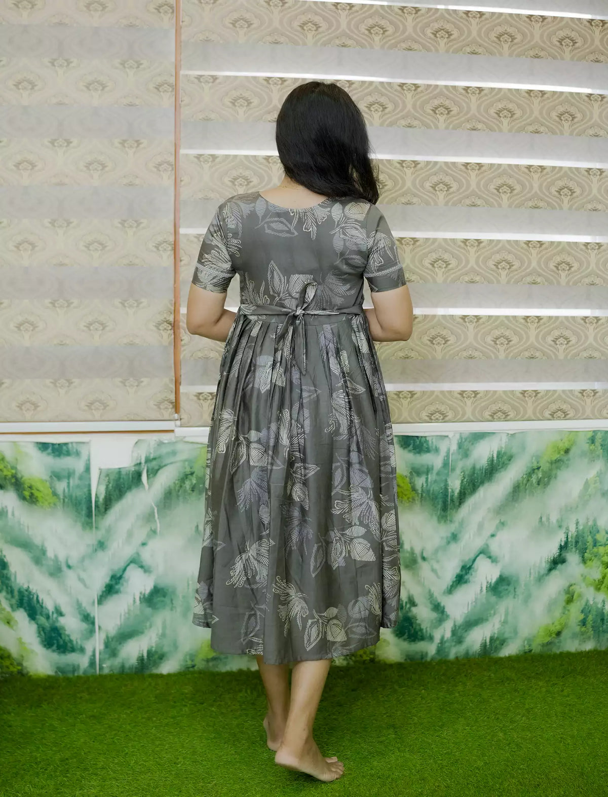 Leaf Foliage Sketch Printed Rayon Vatican Maxi Frock with V-Neck Trim - Mangai Nighties