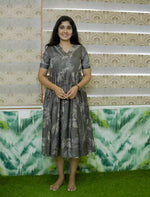 Leaf Foliage Sketch Printed Rayon Vatican Maxi Frock with V-Neck Trim - Mangai Nighties