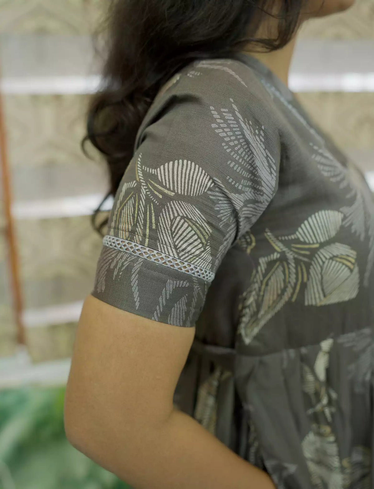 Leaf Foliage Sketch Printed Rayon Vatican Maxi Frock with V-Neck Trim - Mangai Nighties
