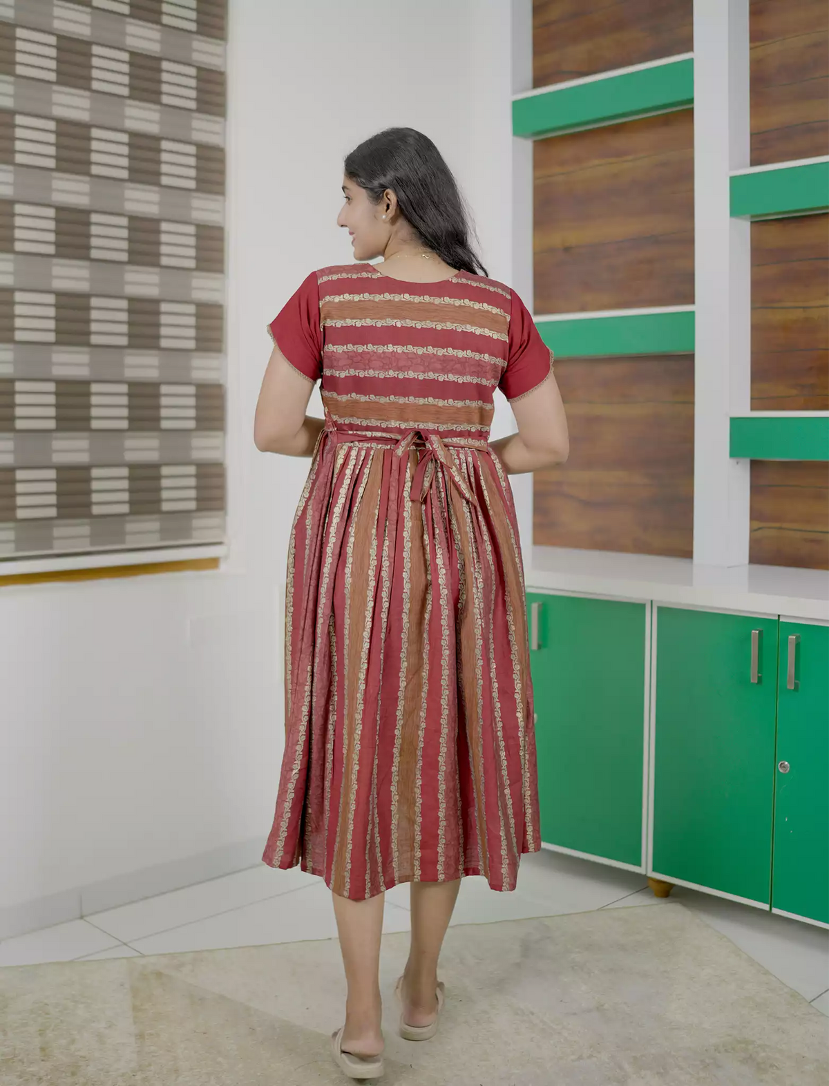Ethnic Ornamental Stripe Print Vatican Maxi Frock with Back Tie - Mangai Nighties