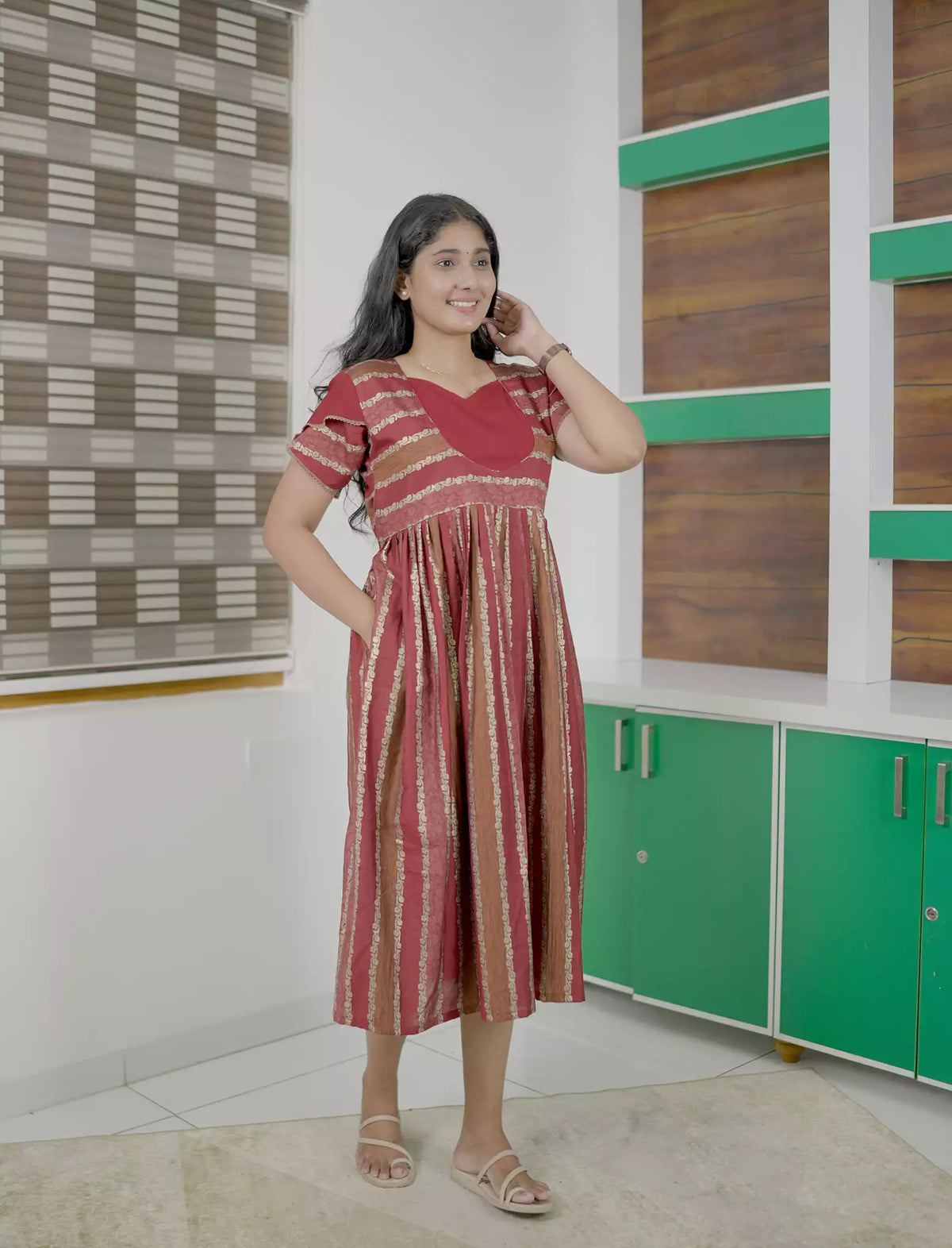 Ethnic Ornamental Stripe Print Vatican Maxi Frock with Back Tie - Mangai Nighties