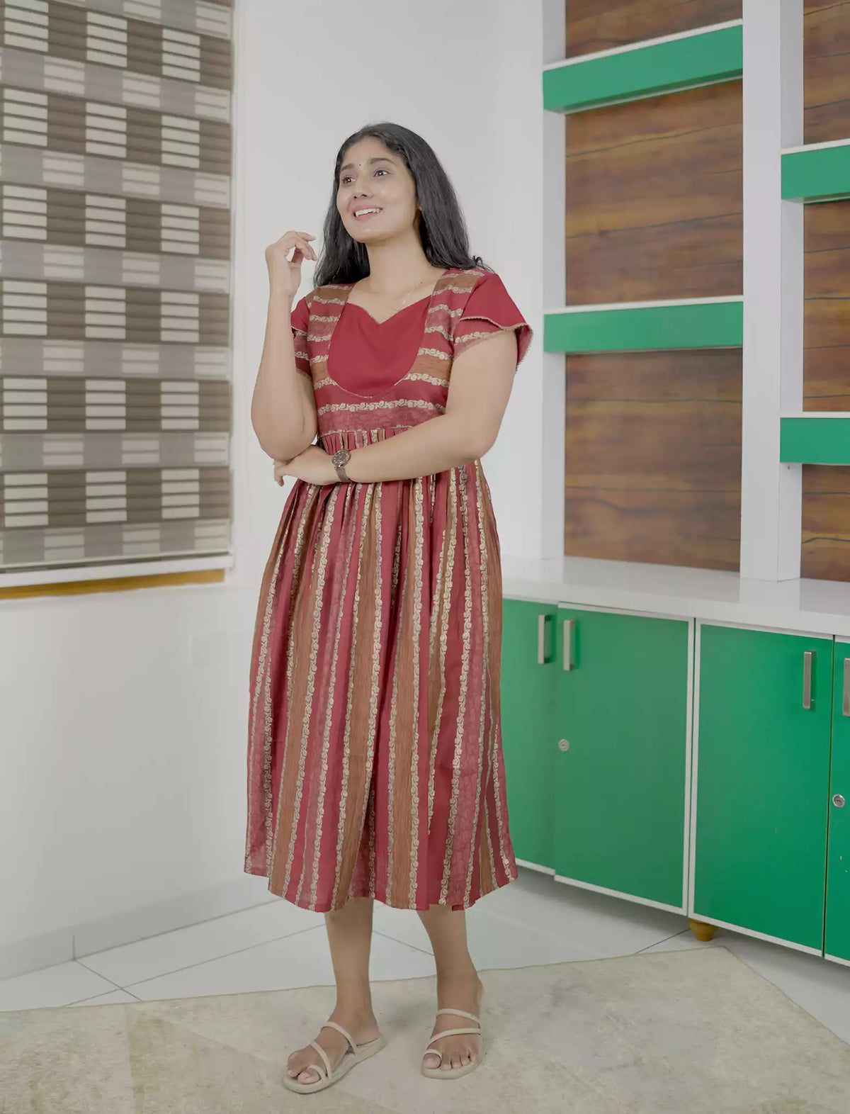 Ethnic Ornamental Stripe Print Vatican Maxi Frock with Back Tie - Mangai Nighties