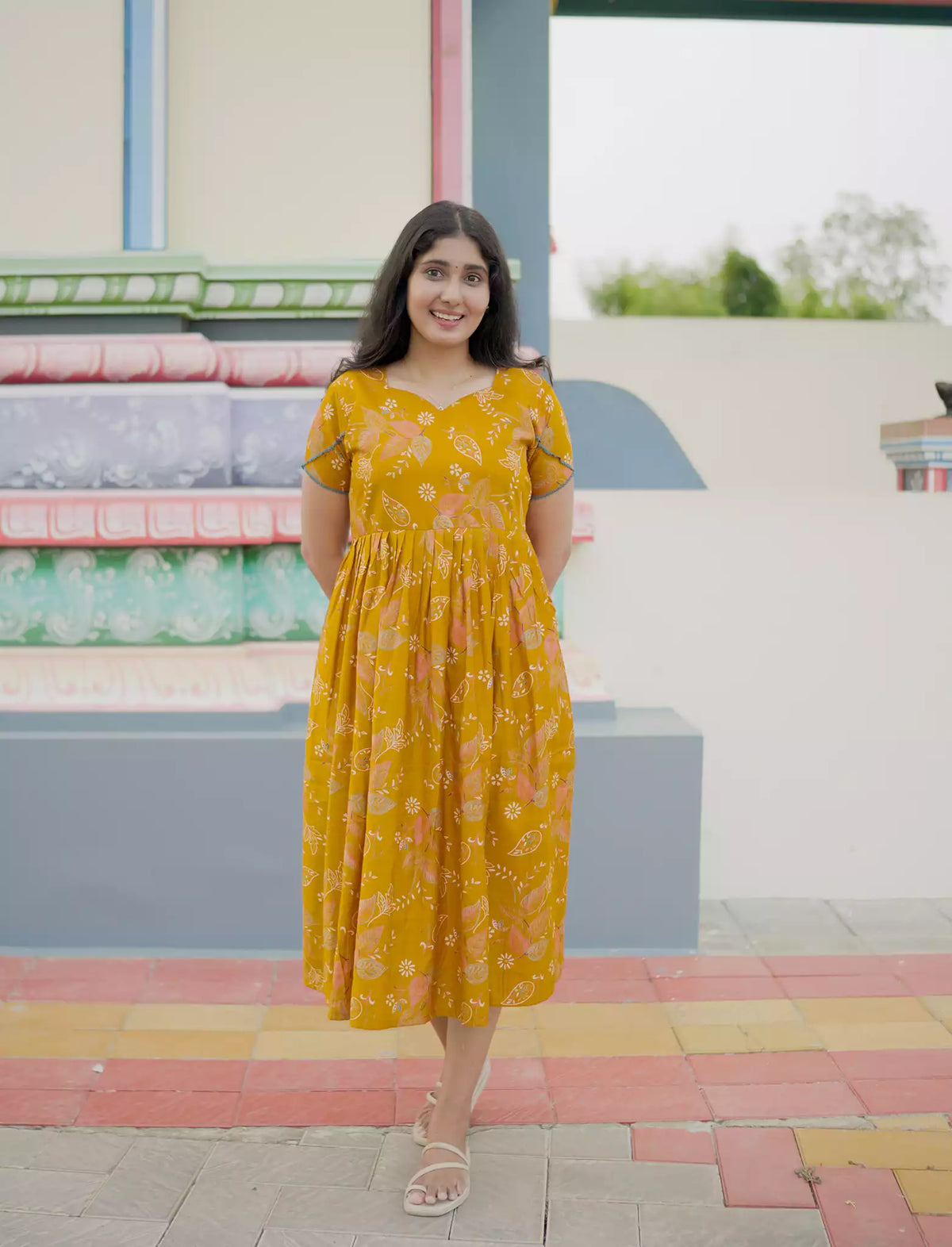 Paisley Floral Printed Rayon Vatican Maxi Frock with Petal Sleeve - Mangai Nighties