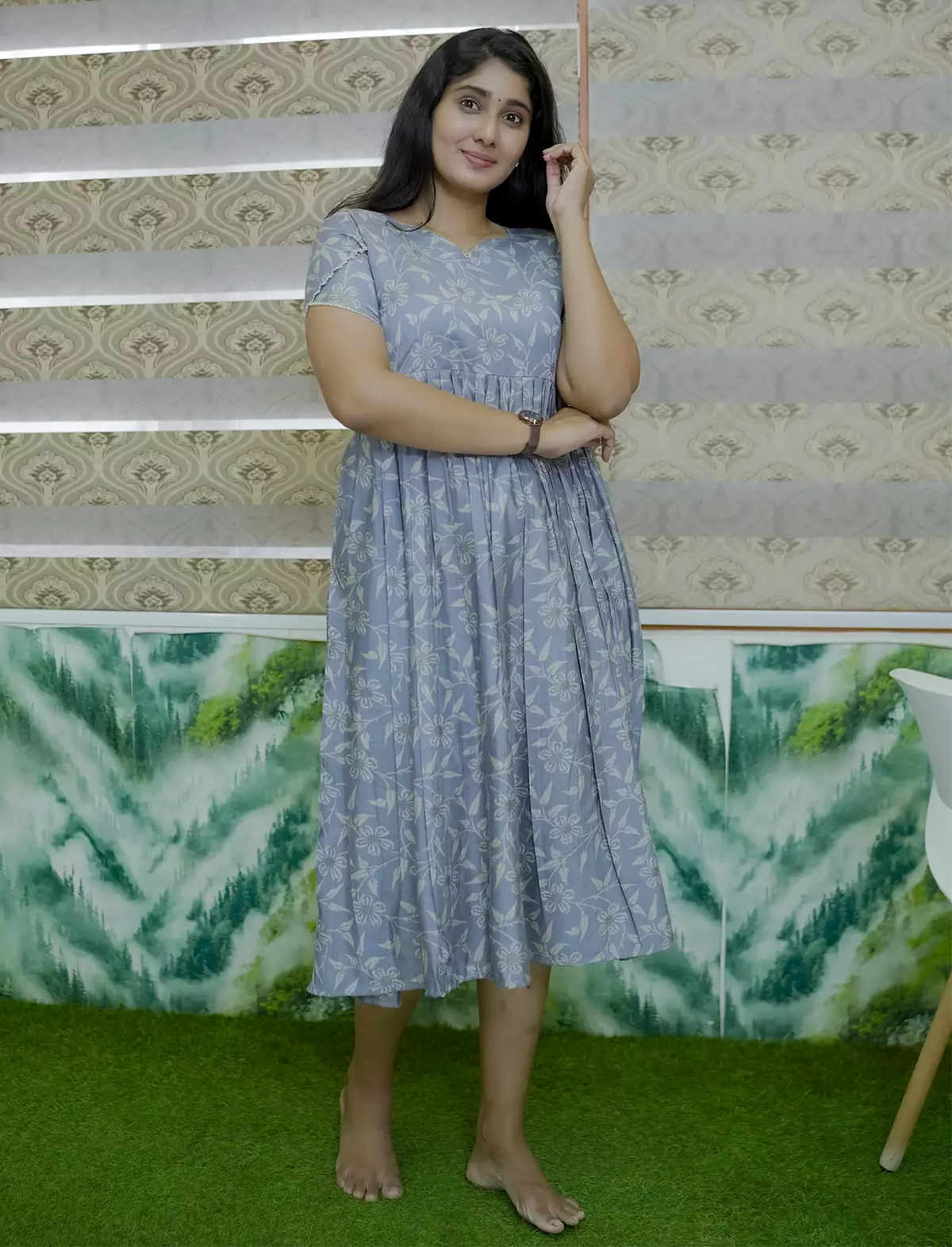 Floral & Leaf Print Rayon Vatican Maxi Frock with Back Tie - Mangai Nighties