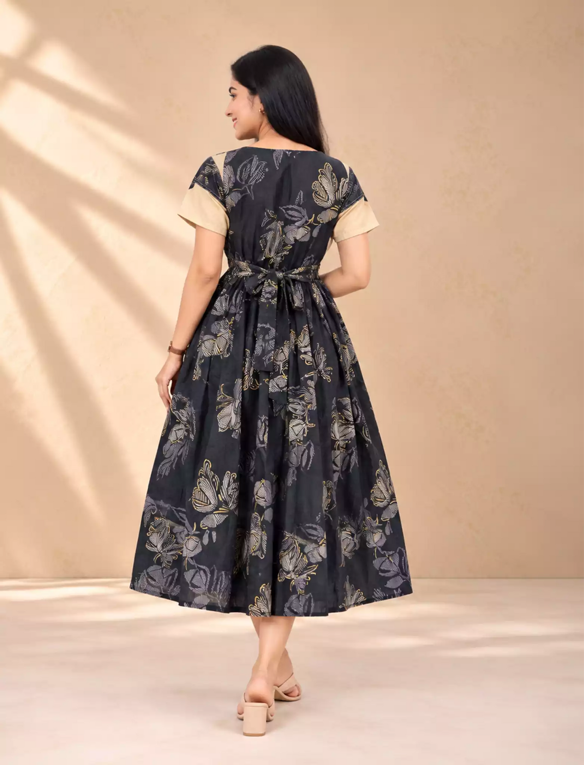Black Botanical Sketched Printed Rayon Vatican Maxi Frock with Contrast Beige Sleeve - Mangai Nighties