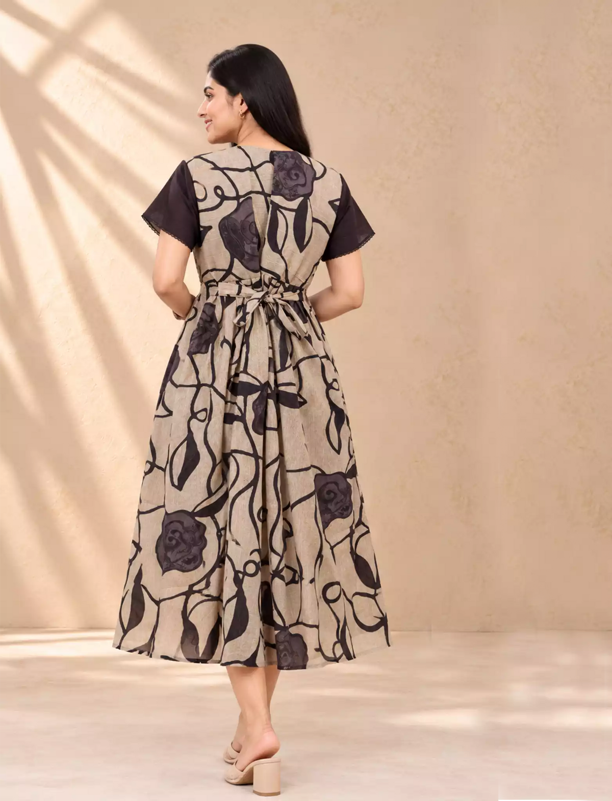 Swirling Rose Floral Vine Print Vatican Maxi Frock with Petal Sleeve - Mangai Nighties