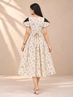 Line Art Floral Cream Rayon Petal Sleeve Vatican Maxi Frock- Mangai Nighties